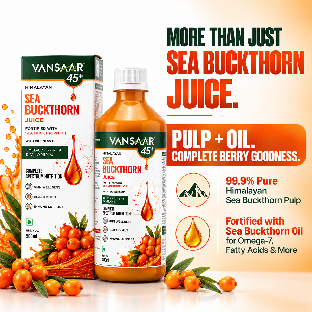 Sea Buckthorn Juice | Made with 99.9% Sea Buckthorn Berry Pulp | Fortified with Sea Buckthorn Oil | With Added Goodness of Omega 7, 3, 6, 9 & Vitamin A, B, C, E
