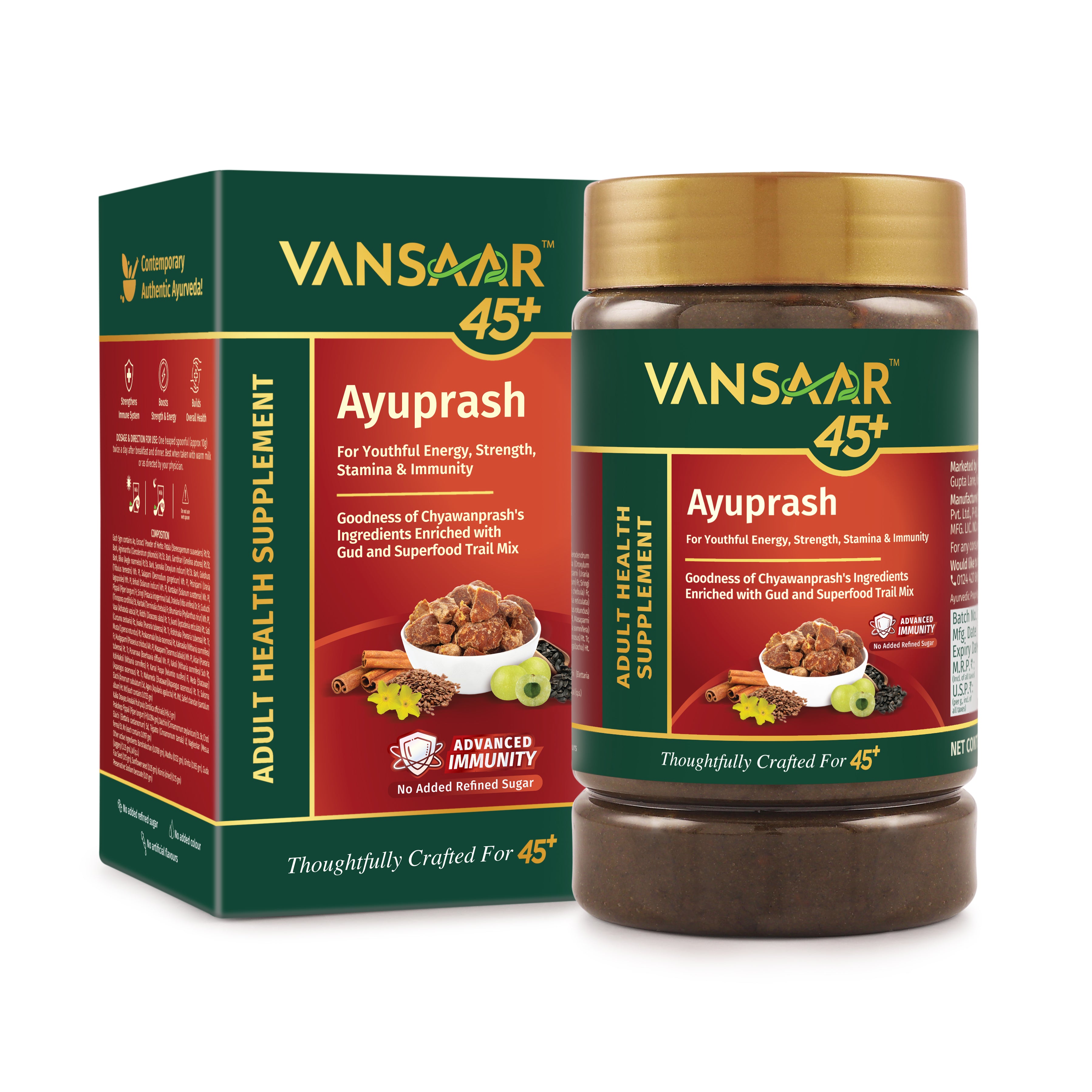 Vansaar 45+ Ayuprash 950g - Energy & Immunity Booster for 45+ Adults|Goodness of Chyawanprash with 50 Potent Herbs & Superfoods Naturally Sweetened with Gud & Honey