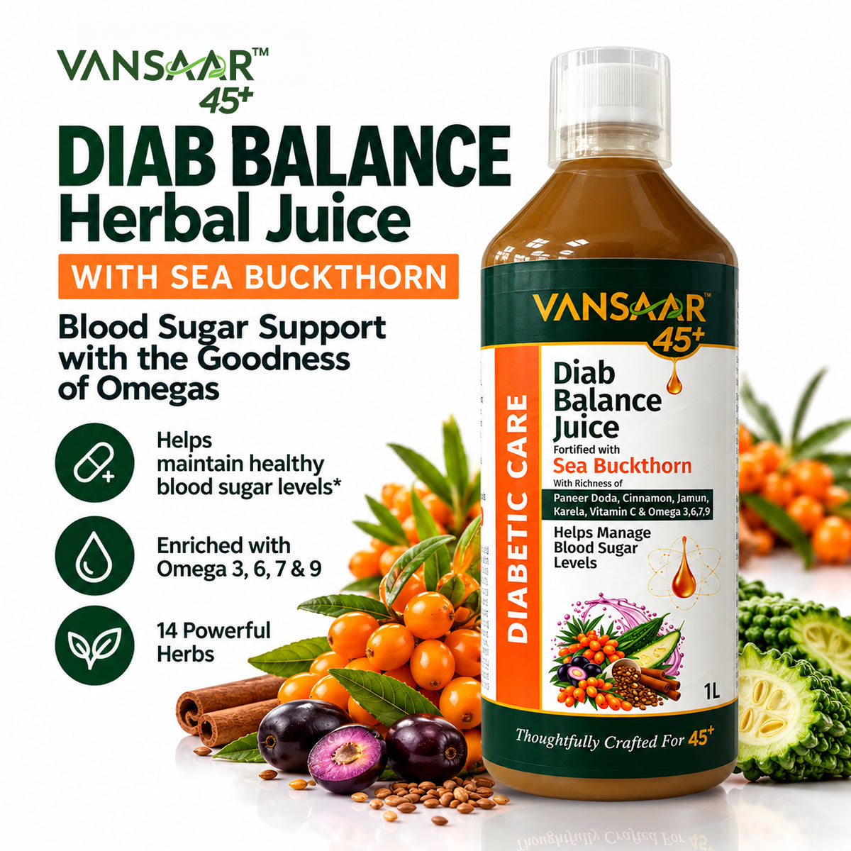 Vansaar 45+ Diab Balance Juice 1L - Fortified with Sea Buckthorn.