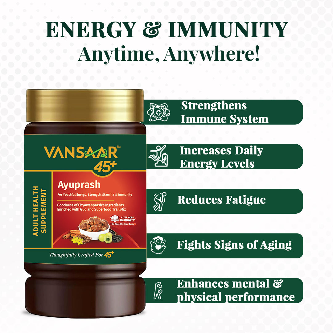 Vansaar 45+ Ayuprash 950g - Energy & Immunity Booster for 45+ Adults|Goodness of Chyawanprash with 50 Potent Herbs & Superfoods Naturally Sweetened with Gud & Honey