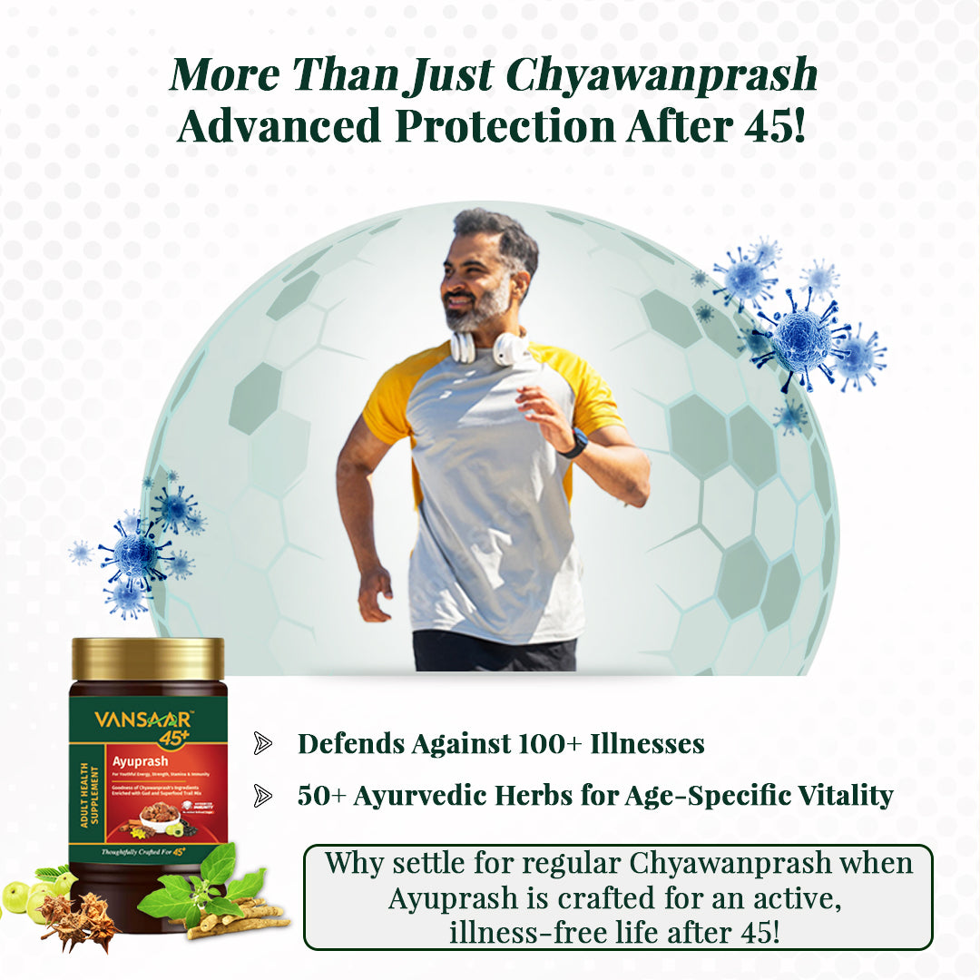 Vansaar 45+ Ayuprash 950g - Energy & Immunity Booster for 45+ Adults|Goodness of Chyawanprash with 50 Potent Herbs & Superfoods Naturally Sweetened with Gud & Honey