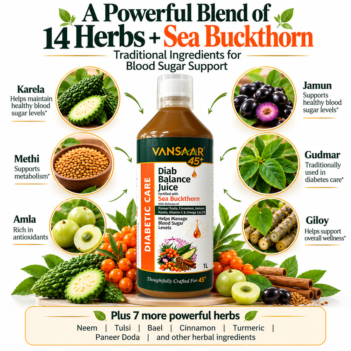 Vansaar 45+ Diab Balance Juice 1L - Fortified with Sea Buckthorn.