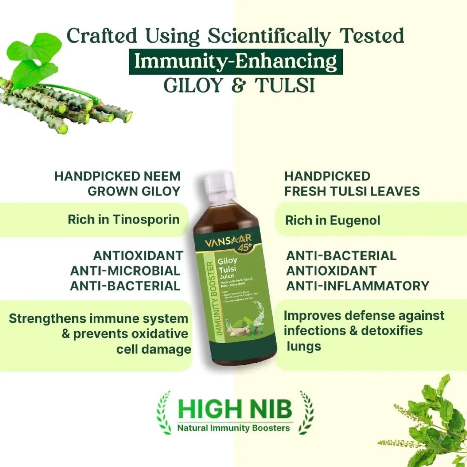 Neem Grown Giloy Tulsi Juice with 4-in-1 Immuno- Enhancing benefits| Handpicked Fresh Tulsi and Neem grown Giloy| NIB rich for all-round Immunity| 100% Pure, Natural Juice - 1L - Vansaar