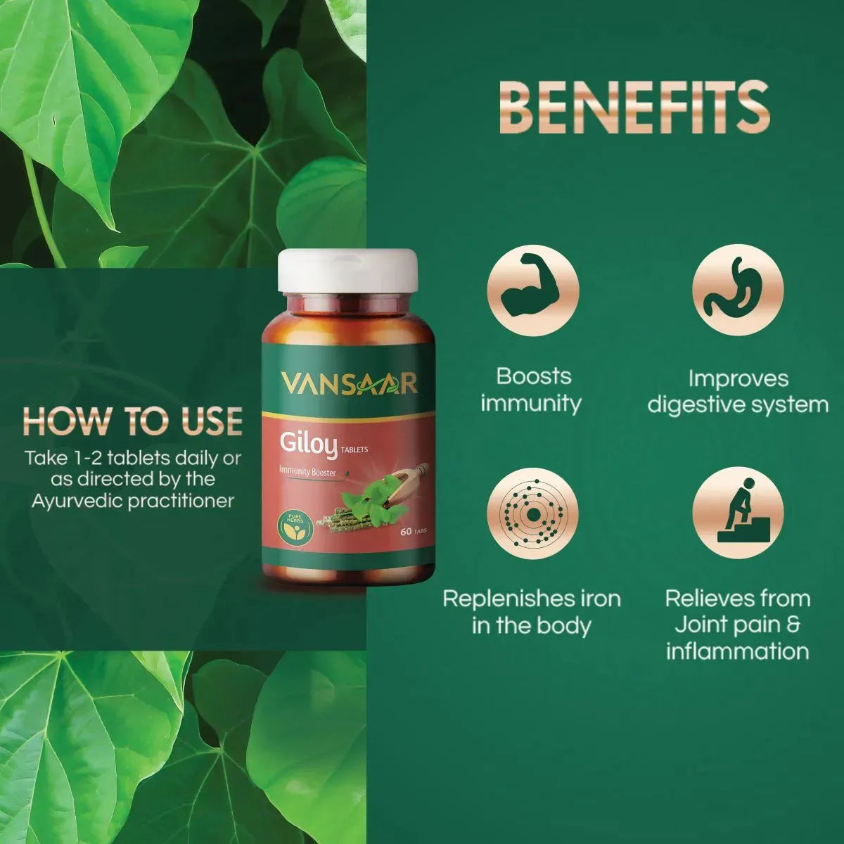 Digestion & Immunity Combo (Pack of 3 Caplets) Triphala, Giloy & Haldi Tablets - Vansaar