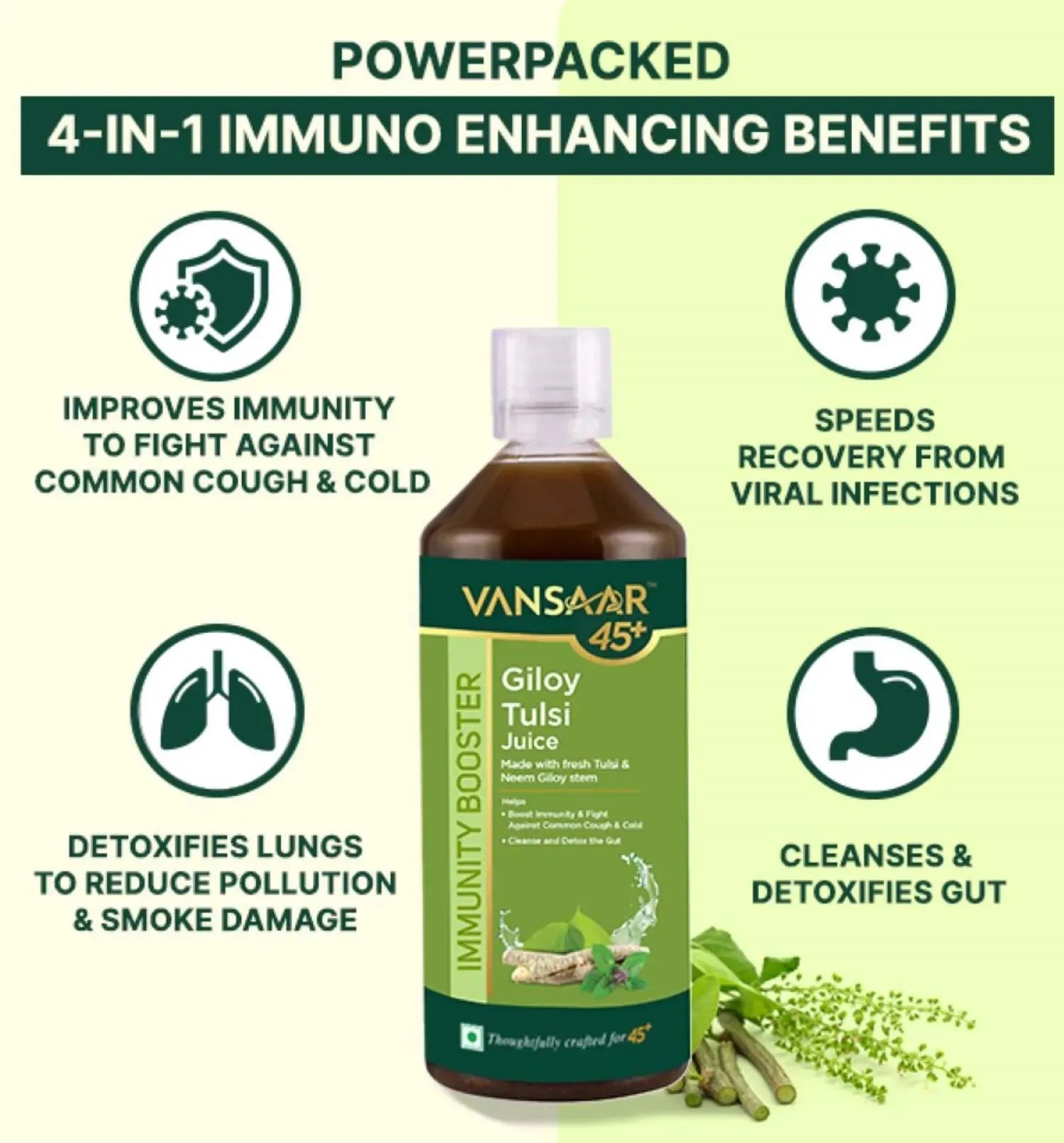 Neem Grown Giloy Tulsi Juice with 4-in-1 Immuno- Enhancing benefits| Handpicked Fresh Tulsi and Neem grown Giloy| NIB rich for all-round Immunity| 100% Pure, Natural Juice - 1L - Vansaar