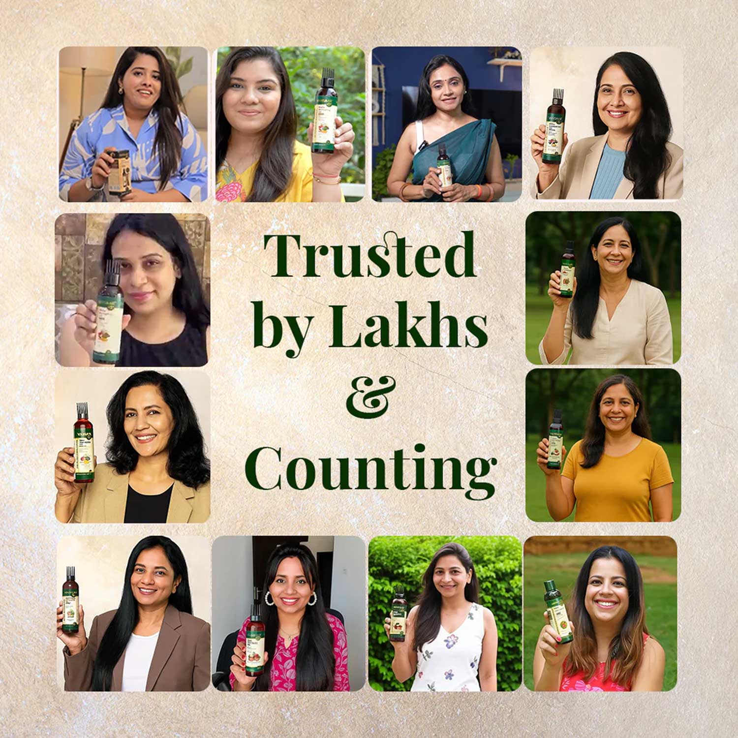 Collage of women holding Ayurvedic herbal oil bottles with 'Trusted by Lakhs & Counting' text.