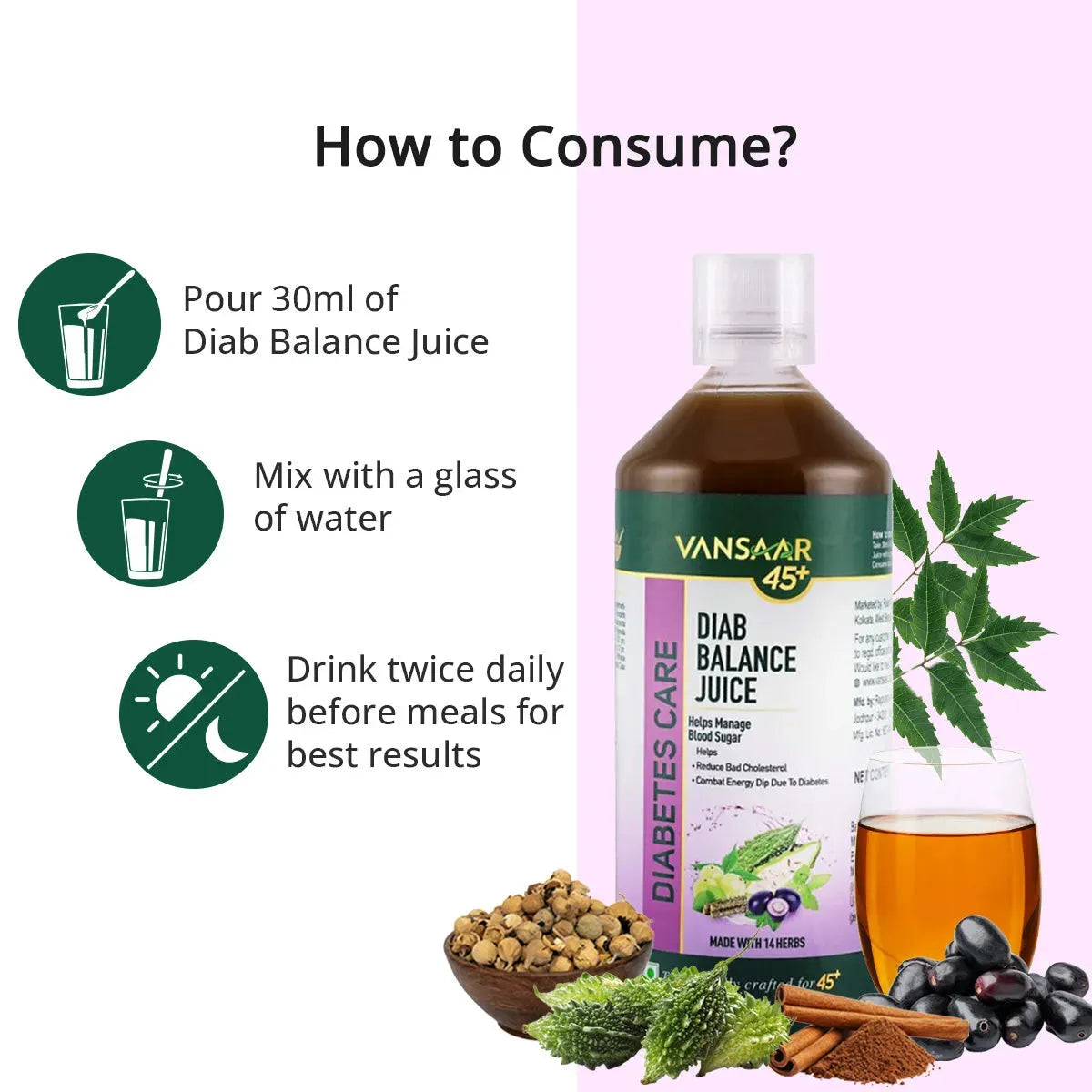 Diab Balance Juice with Paneer Doda & Cinnamon | Reduces Blood Sugar & Boosts Insulin - Vansaar