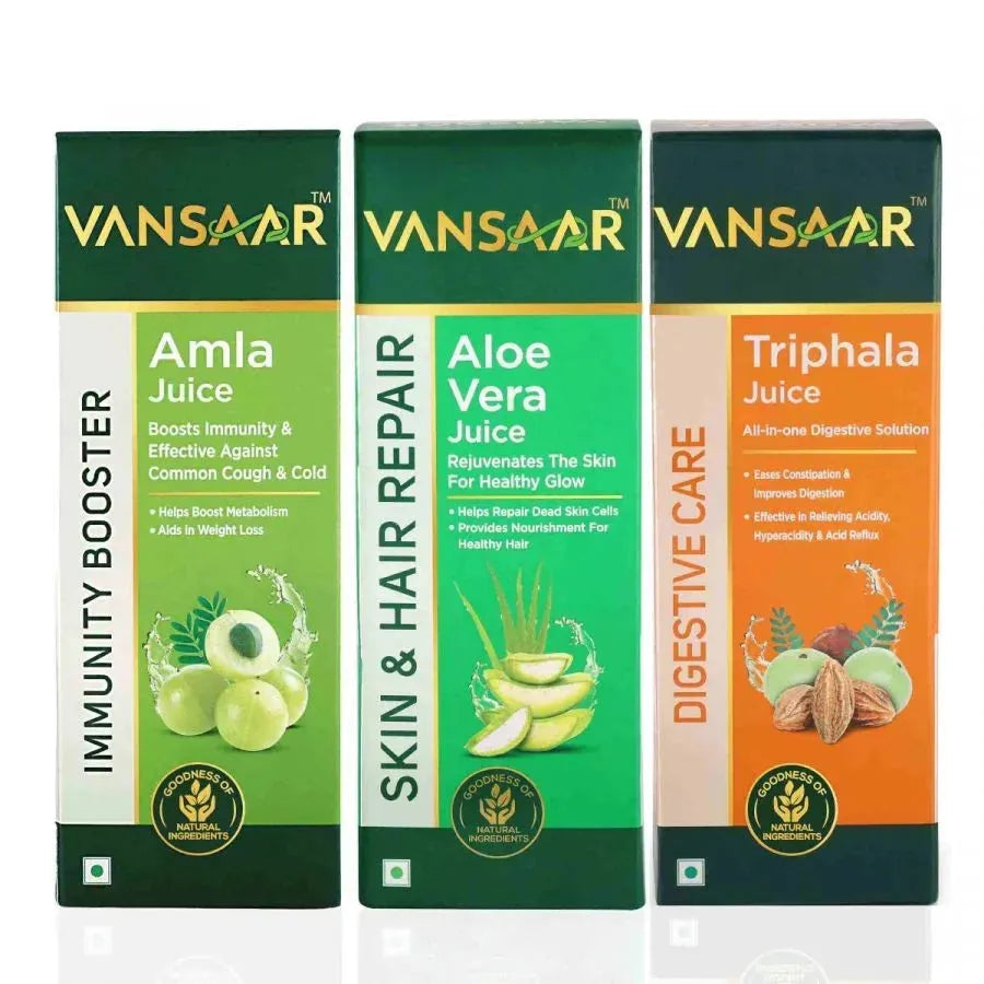 Everyday Wellbeing Combo: Amla, Aloe Vera & Triphala Juice - 1L Each - Vansaar