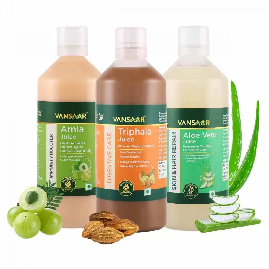 Everyday Wellbeing Combo: Amla, Aloe Vera & Triphala Juice - 1L Each - Vansaar
