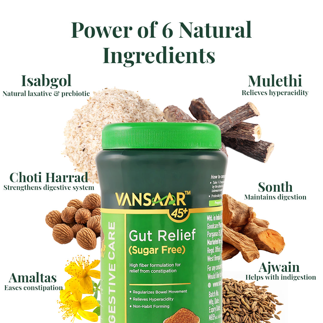 Gut Relief (Sugar Free) | For Constipation & Bloating | 6 Ayurvedic Herbs like Isabgol