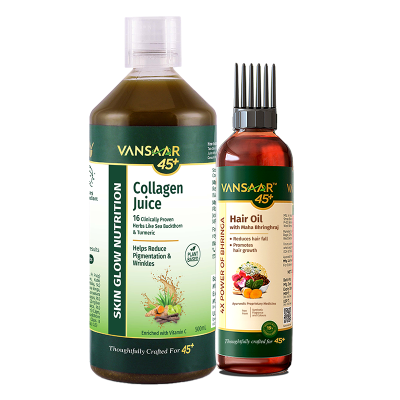 Skin & Hair Beauty Combo | Liquid Collagen Juice with 16 Proven Herbs + Clinically Proven Hair Oil with 4X Power of Bhringraj