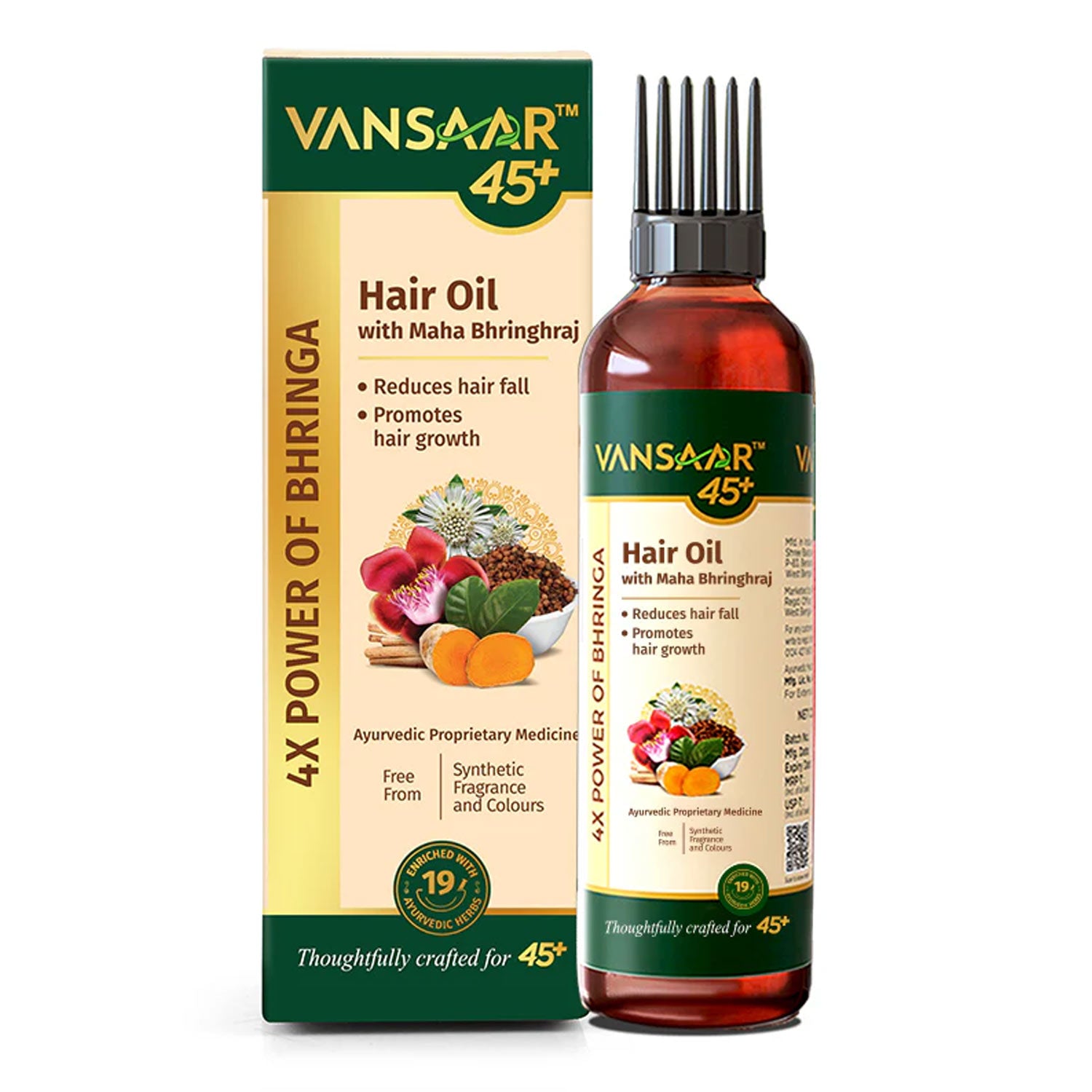 Ayurvedic hair oil with Maha Bhringraj for reducing hair fall and promoting hair growth, bottle and box packaging.