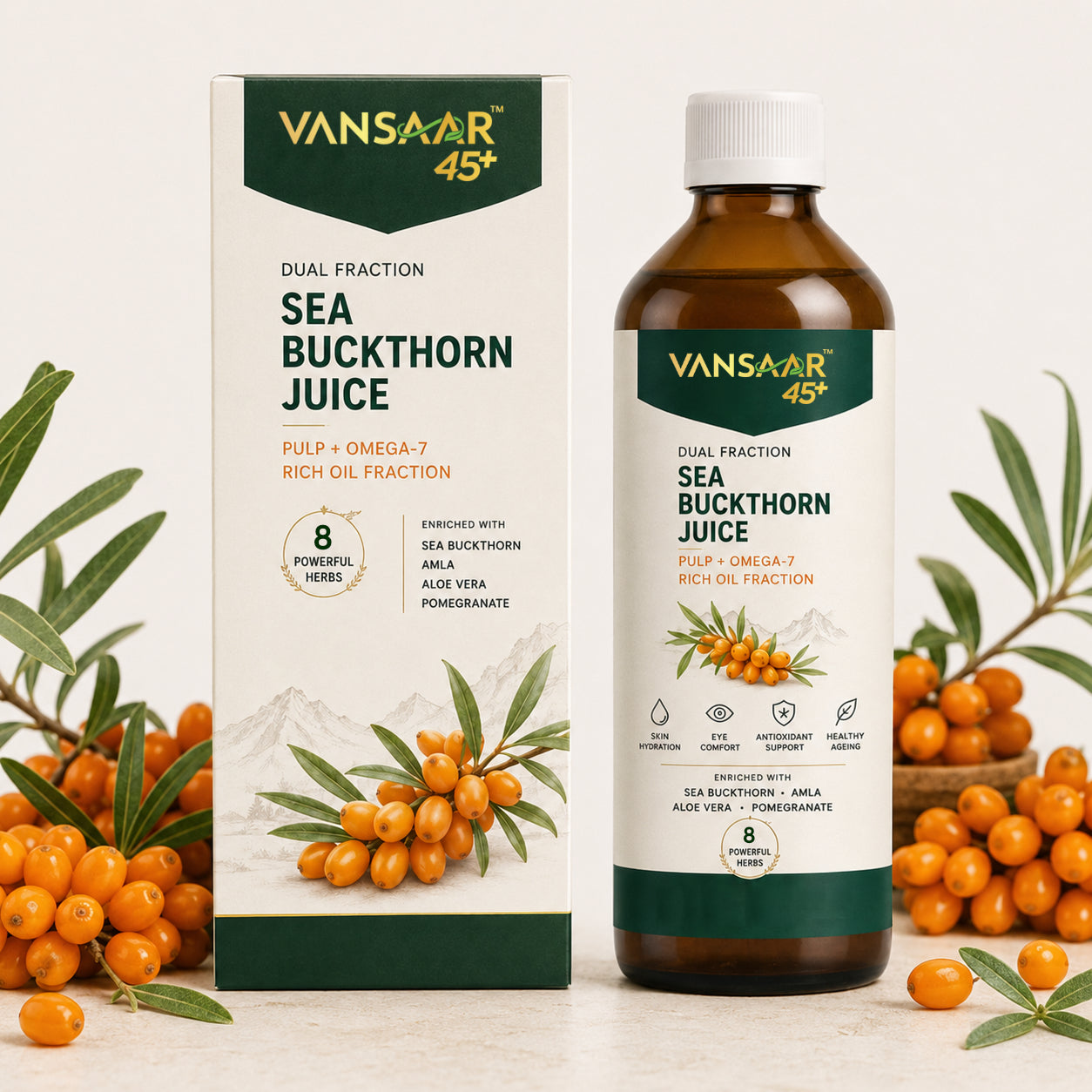 [Pre-Order Registeration] Vansaar 45+ Dual Fraction Sea Buckthorn Juice | Whole Fruit Nutrition with Omega-7 Oil and Vitamin C