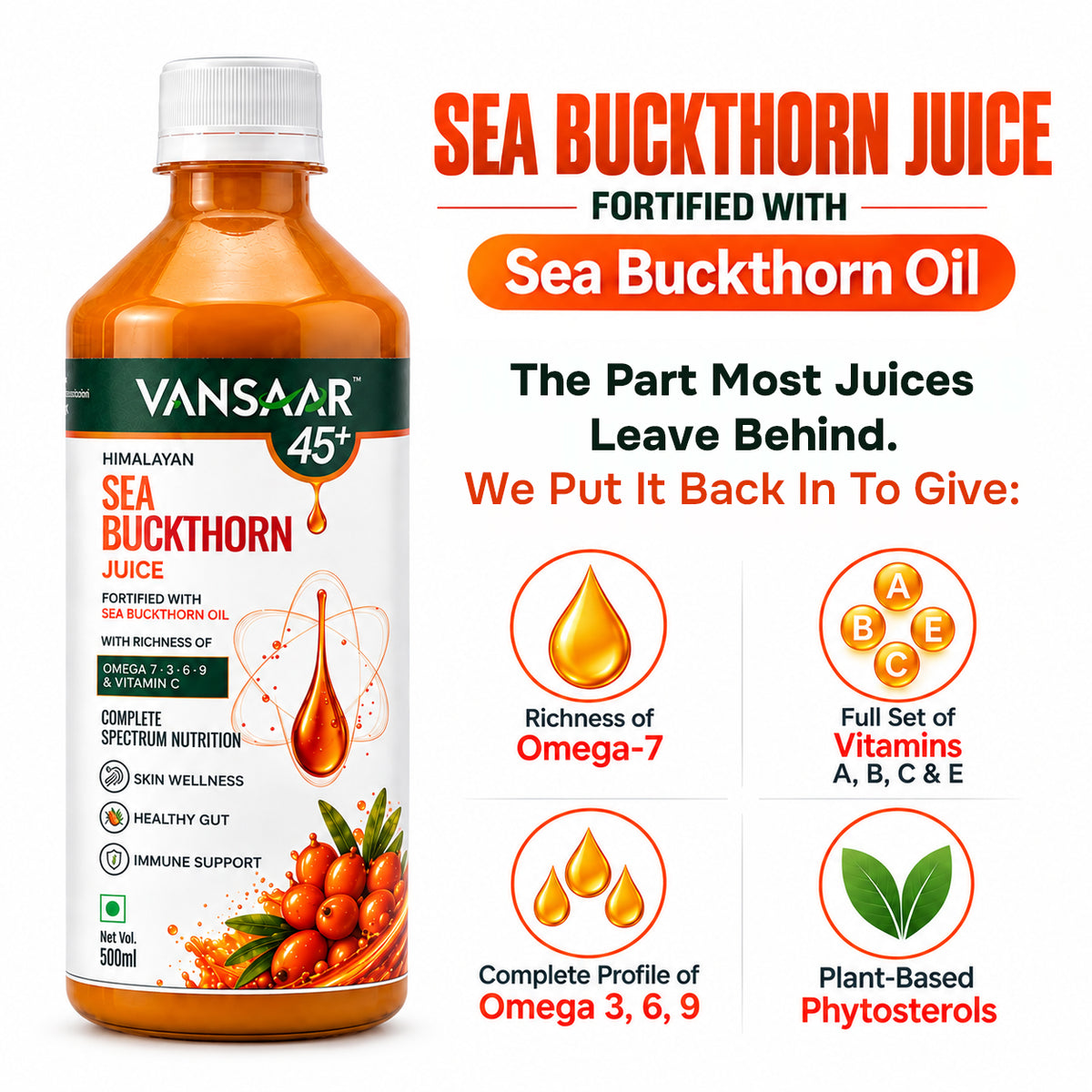 Sea Buckthorn Juice | Made with 99.9% Sea Buckthorn Berry Pulp | Fortified with Sea Buckthorn Oil | With Added Goodness of Omega 7, 3, 6, 9 & Vitamin A, B, C, E