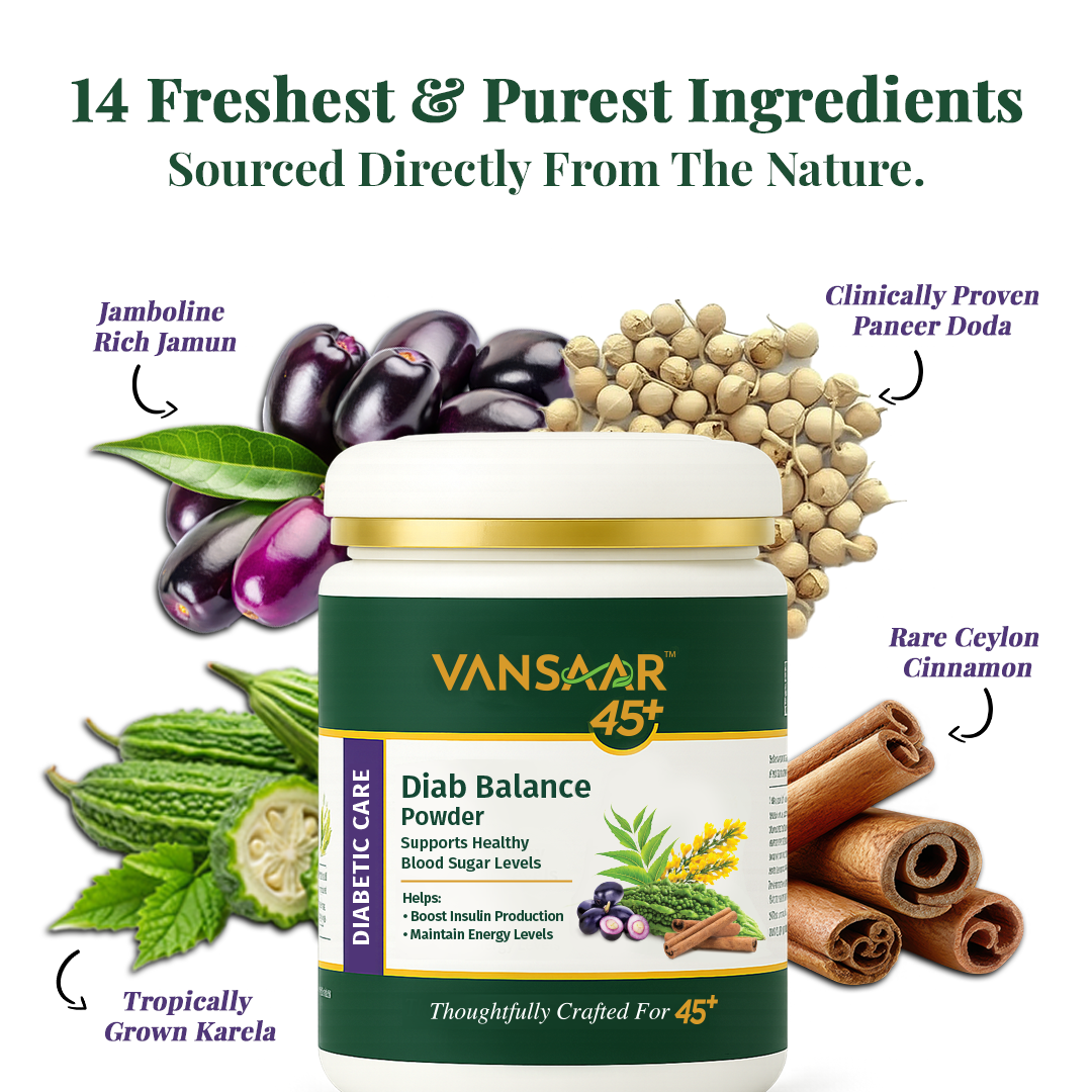 Diab Balance Powder - 250g | Karela, Jamun, Neem Powder Enhanced with 11 Clinically Proven Herbs | Ayurvedic Sugar Management For Diabetes Care | No Preservatives, Easy to Mix