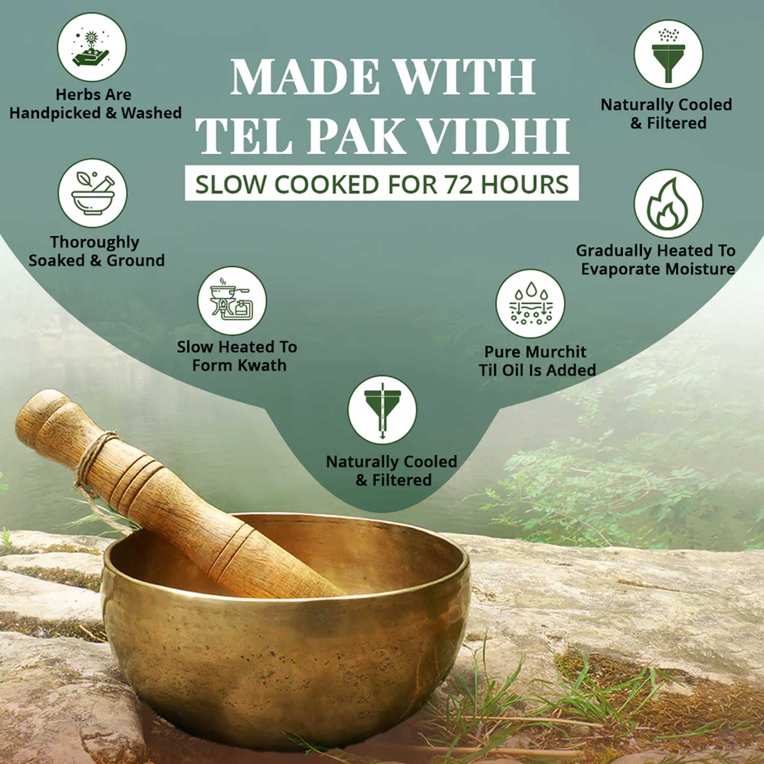 Ayurvedic process steps with brass mortar and pestle, highlighting Tel Pak Vidhi oil preparation.