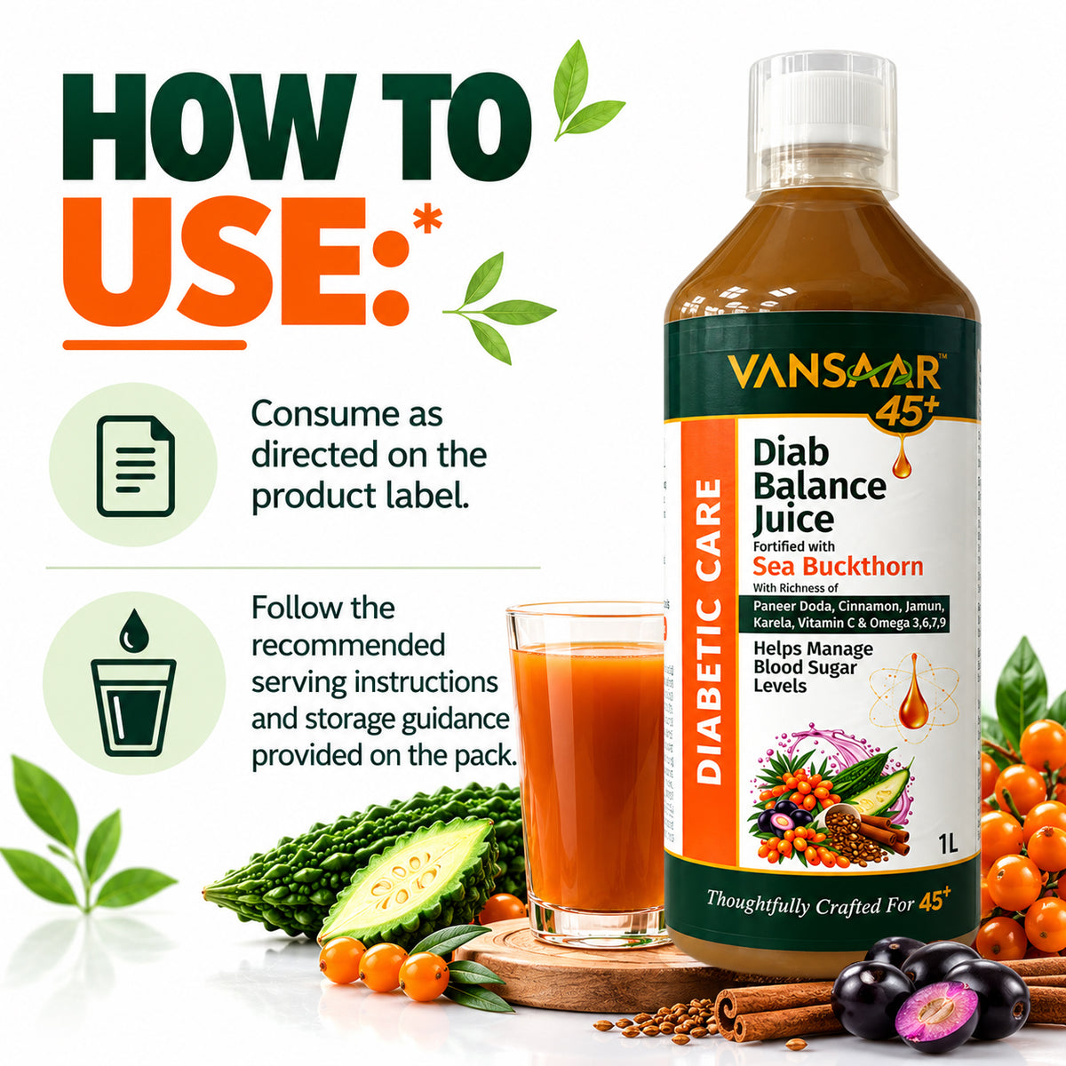 Vansaar 45+ Diab Balance Juice 1L - Fortified with Sea Buckthorn.