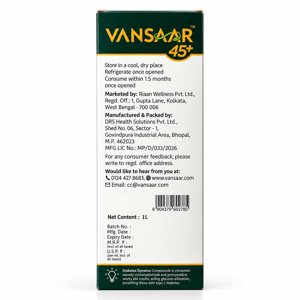 Vansaar 45+ Diab Balance Juice 1L - Fortified with Sea Buckthorn.