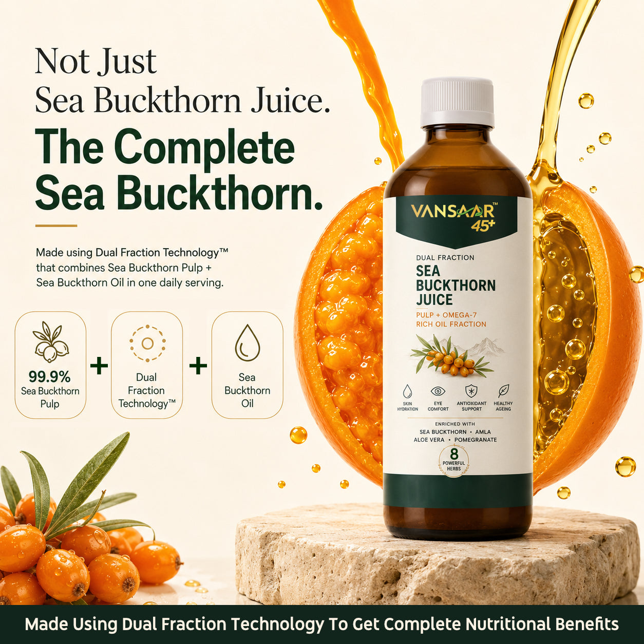[Pre-Order Registeration] Vansaar 45+ Dual Fraction Sea Buckthorn Juice | Whole Fruit Nutrition with Omega-7 Oil and Vitamin C
