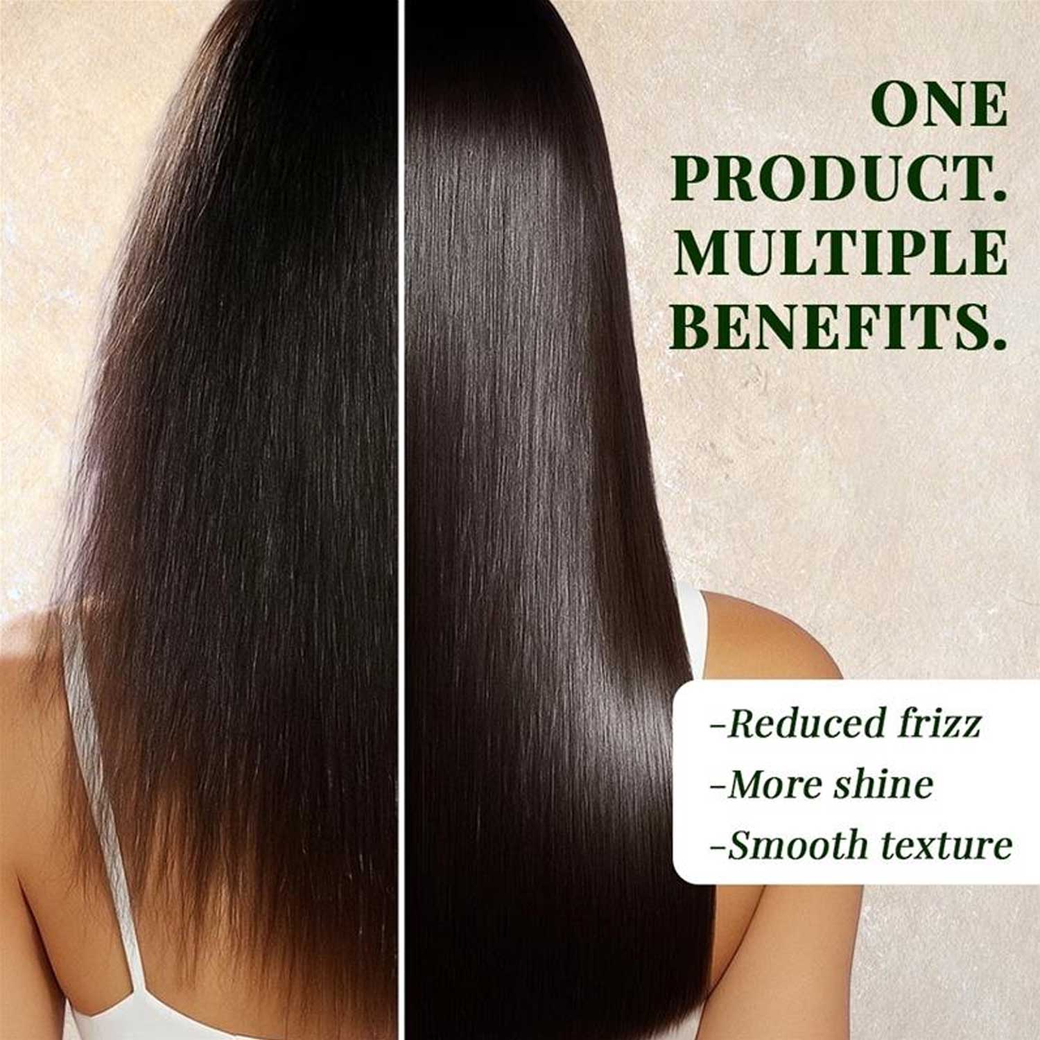 Before and after comparison of a woman's hair showing reduced frizz, extra shine, and smoother texture.