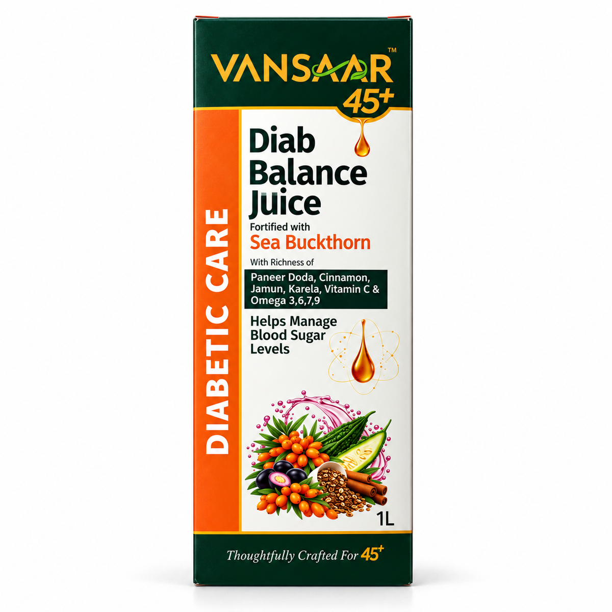 Vansaar 45+ Diab Balance Juice 1L - Fortified with Sea Buckthorn.