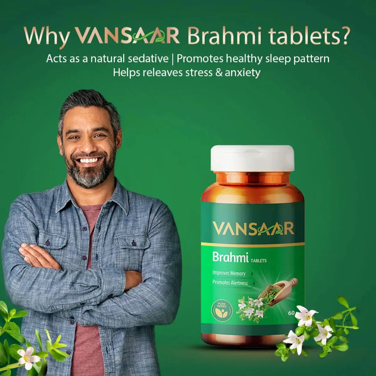 Brahmi Tablets | Helps Improve Memory | Promotes Alertness | Made With 100% Pure Brahmi - Vansaar