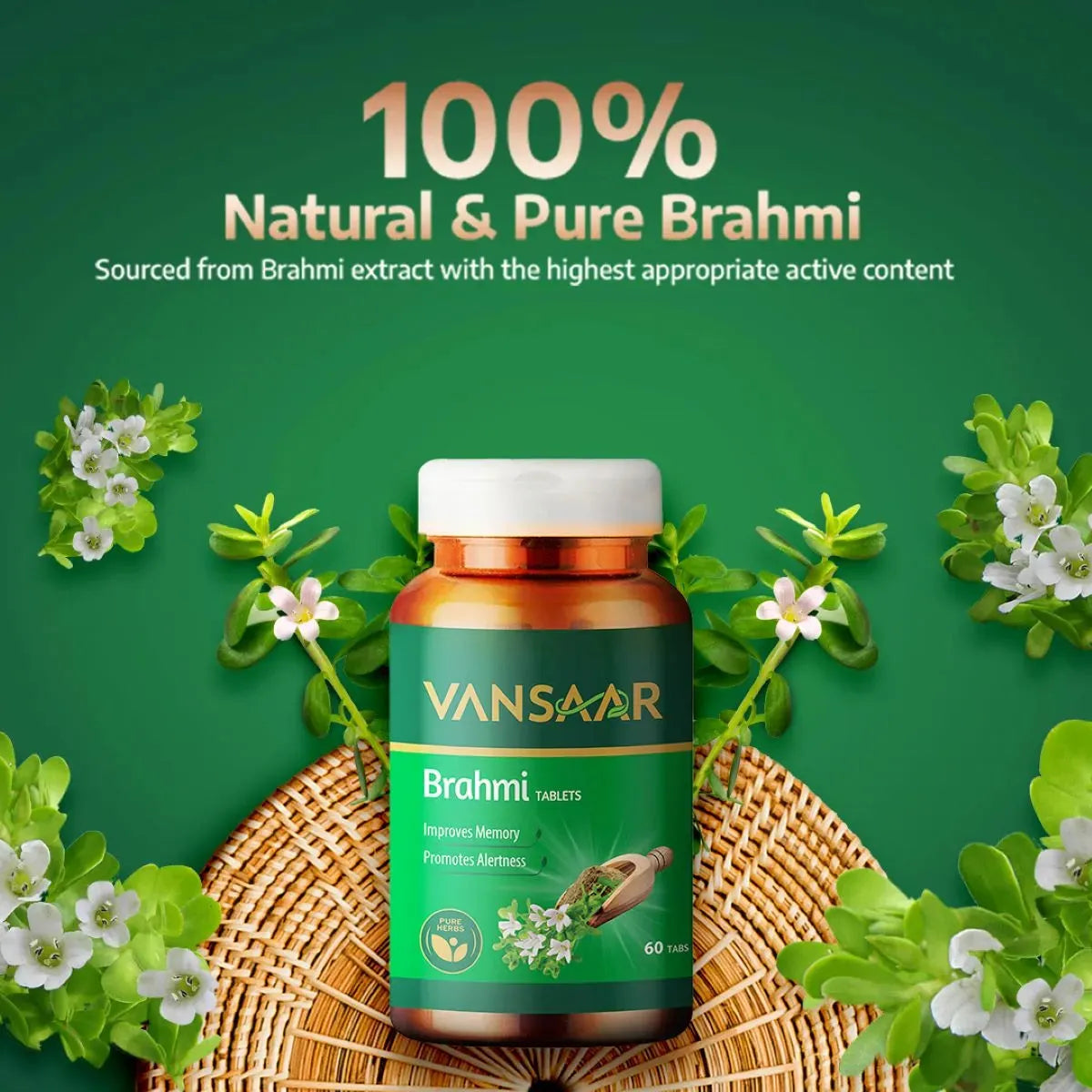 Brahmi Tablets | Helps Improve Memory | Promotes Alertness | Made With 100% Pure Brahmi - Vansaar