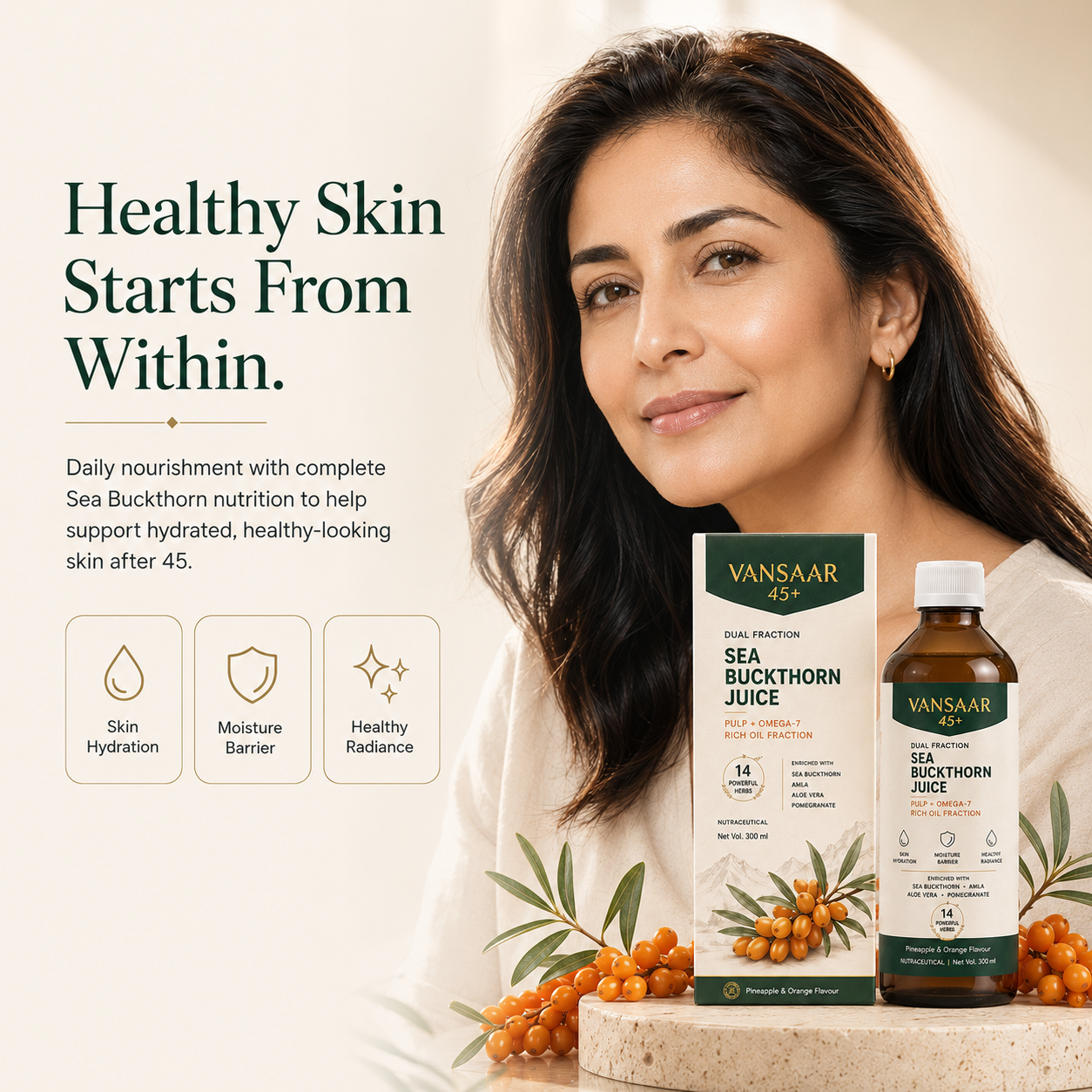 [Pre-Order Registeration] Vansaar 45+ Sea Buckthorn Juice for Skin Health | Dual Fraction Technology™ | Supports Hydration, Skin Barrier & Healthy Radiance