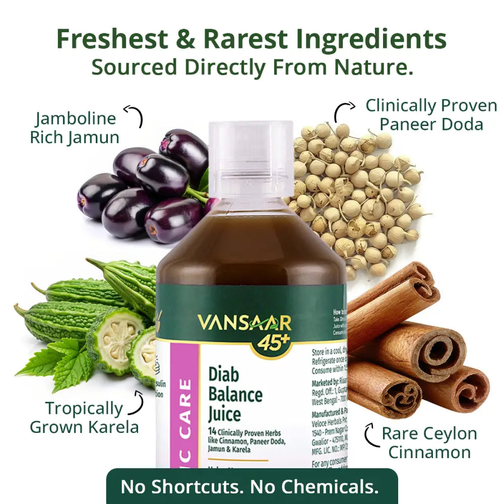 Diab Balance Juice For 45+ Adults | 14 Clinically Proven Herbs Like Karela, Jamun, Neem, Paneer Doda, Cinnamon