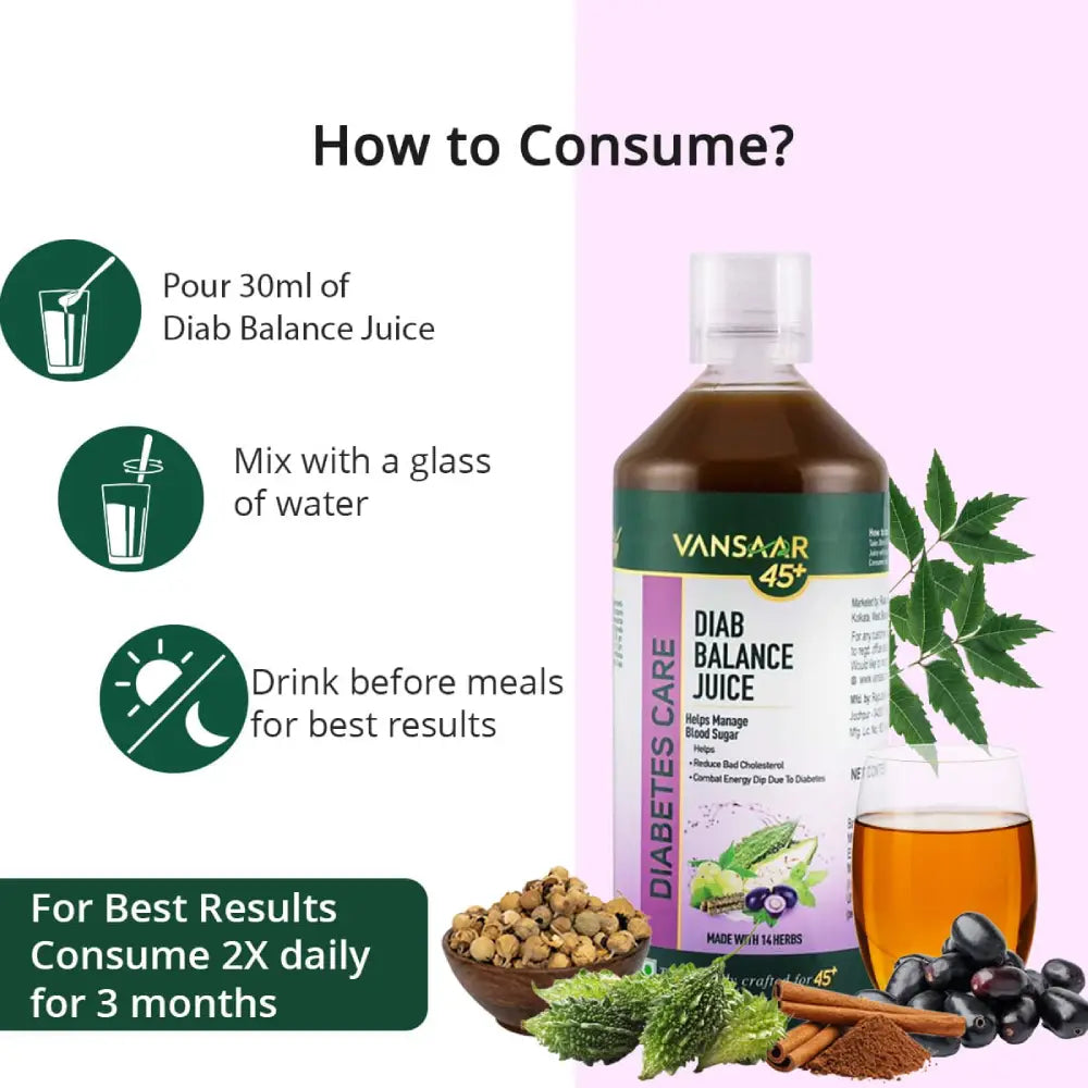 Diab Balance Juice For 45+ Adults | 14 Clinically Proven Herbs Like Karela, Jamun, Neem, Paneer Doda, Cinnamon