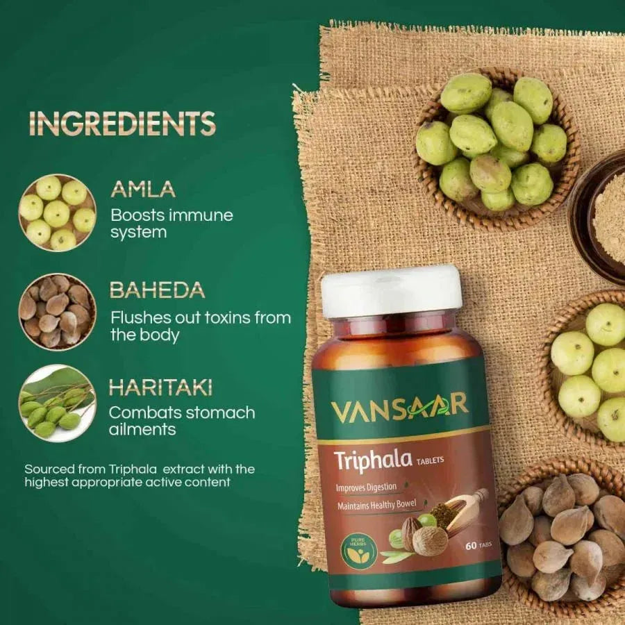 Triphala Tablet | Supports Bowel Wellness | Relieves Constipation & Indigestion - Vansaar