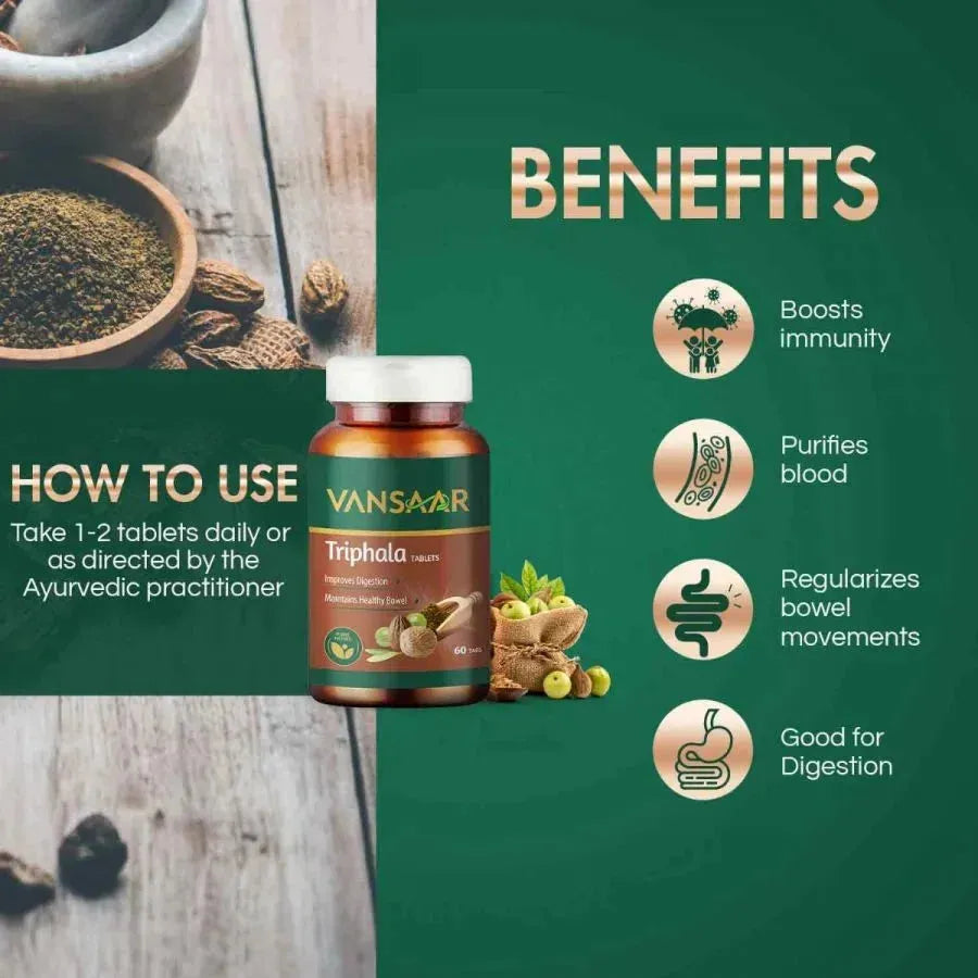Triphala Tablet | Supports Bowel Wellness | Relieves Constipation & Indigestion - Vansaar