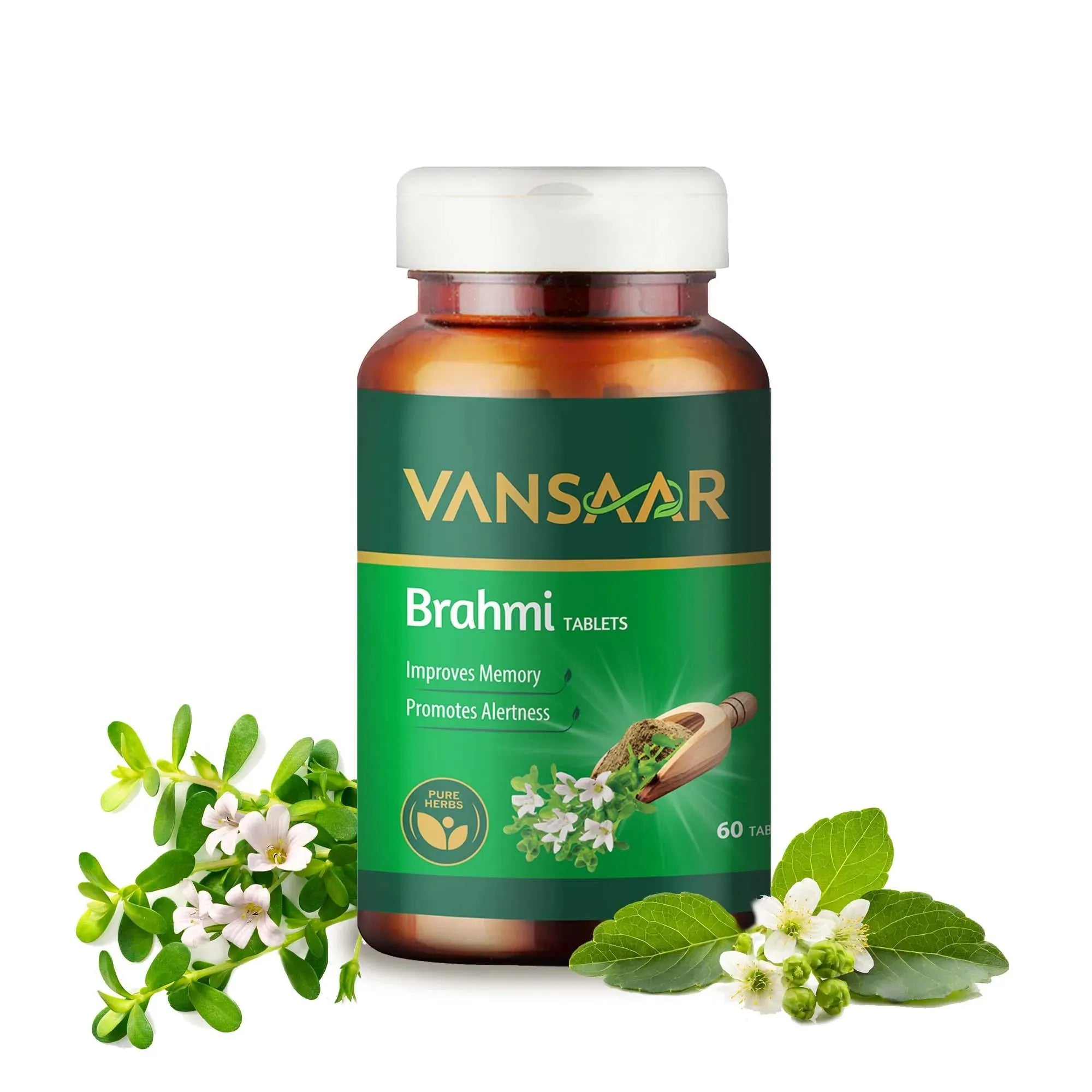 Brahmi Tablets | Helps Improve Memory | Promotes Alertness | Made With 100% Pure Brahmi - Vansaar