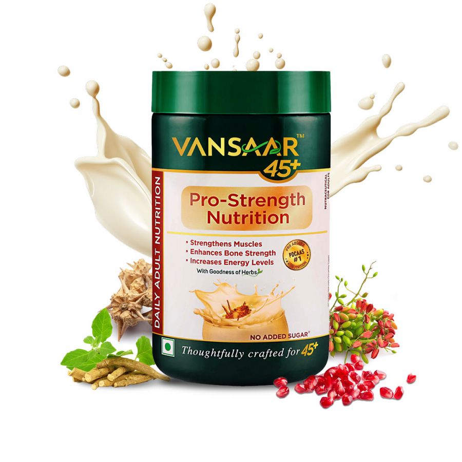 Vansaar 45+ Pro-Strength Complete Balanced Nutrition Health Drink for adults above 45 with potent herbs like Ashwagandha & Hadjod, Highest absorption Protein, Vitamins & Minerals to strengthen muscle & enhance energy levels
